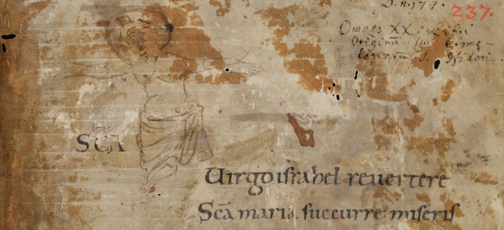 A doodle of Christ in the pose of crucifixion, surrounded by pen trials. The face is partially erased, and the legs and right hand are missing. The breasts look more round and "feminine" that one might expect.